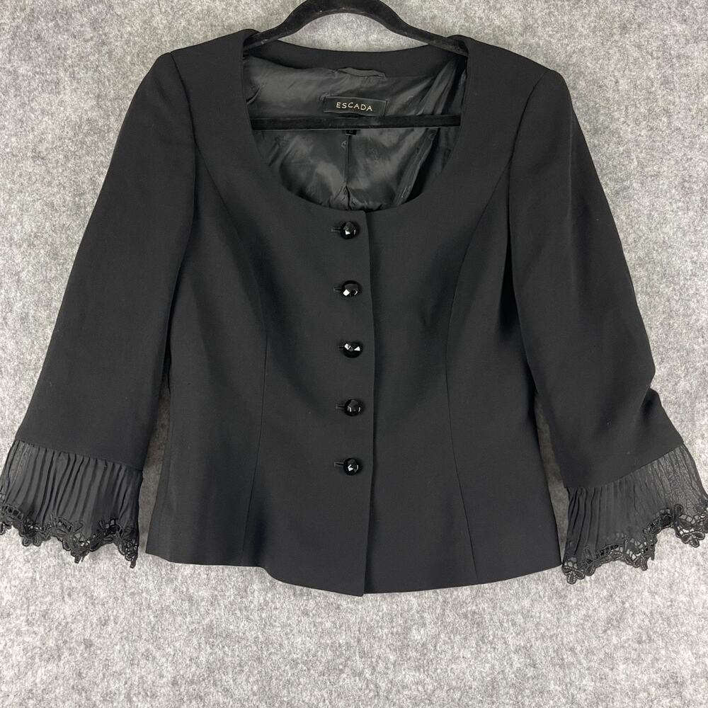 ESCADA Virgin Wool Blazer Jacket Womens 38 Black Bell Lace Trim Cropped Classic